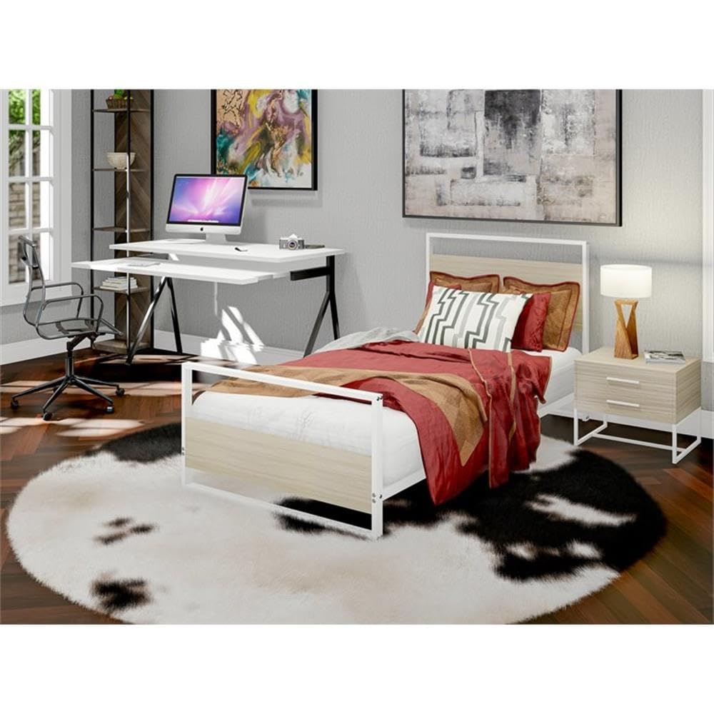 East West Furniture ERTBW02 Erie Wood Bed Frame with 4 Wood Legs - Lavish Bed in Powder Coating White Color and White Wood Laminate